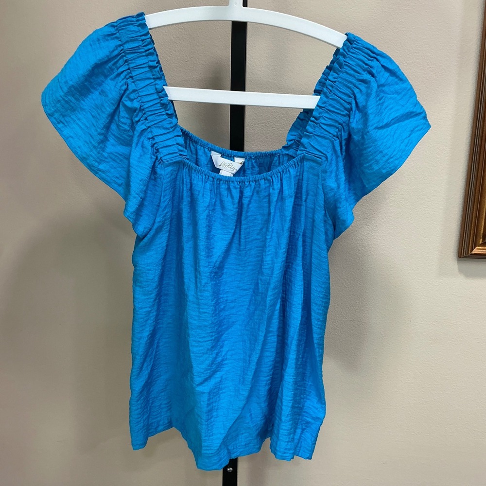Lilly Pulitzer Blouse 016089 Small Blue Ruffle Cap Sleeve Square Neck Textured